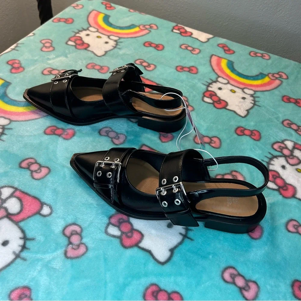 Size 6 Peyton Double Buckle black‎ Slingback Flats by wild fable